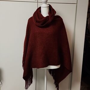 Chico's Cowl Neck Poncho Sweater Cozy Stripe Dark Red Burgundy holiday sparkle